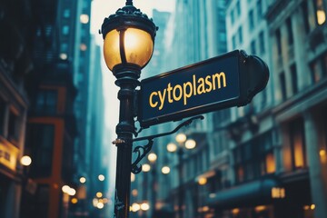 Streetlamp with the word "Cytoplasm" displayed on an urban street sign, providing a surreal juxtaposition of biological terminology with an urban setting