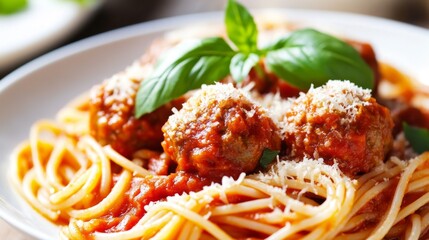 A close-up of a plate of spaghetti topped with a rich tomato sauce, meatballs, and grated Parmesan cheese, garnished with fresh basil leaves.