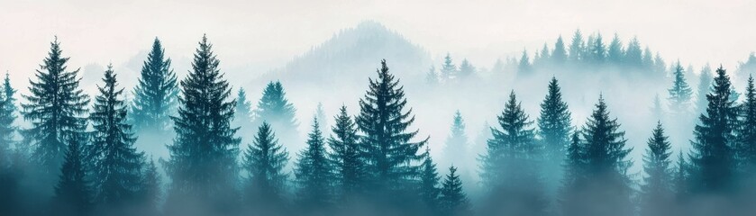 Fototapeta premium Misty Forest Landscape with Evergreen Trees and Mountains in Background, Serene Nature Scene in Soft Colors