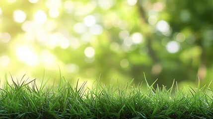 Green grass, sunlit forest backdrop, nature scene