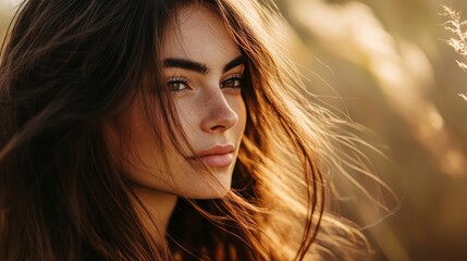 A close-up of a woman with long, flowing hair styled into loose waves, with a focus on the natural texture and effortless beauty of the hairstyle.