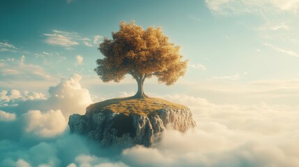 Golden tree standing on rocky outcrop surrounded by soft clouds at sunrise