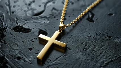 A golden cross necklace is elegantly displayed on a glossy black surface, glistening under soft lighting, highlighting its craftsmanship