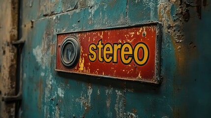 Close-up View of a Vintage, Rusted Metal Surface Featuring an Old, Weathered Stereo Sign Painted in Bold Yellow Letters Against a Red Background