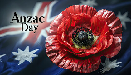 Anzac Day Commemoration Featuring A Striking Red Poppy and the flag of Austral