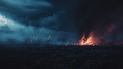 Obraz premium Intense storm with lightning and wildfires raging in a desolate landscape at dusk