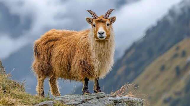A striking portrait of a Japanese serow standing on a steep mountain slope, its thick, woolly fur ruffled by the crisp alpine breeze.