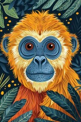 Fototapeta premium A vibrant illustration of a monkey's face surrounded by tropical leaves.