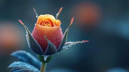 Close-up of a dew-kissed orange rosebud