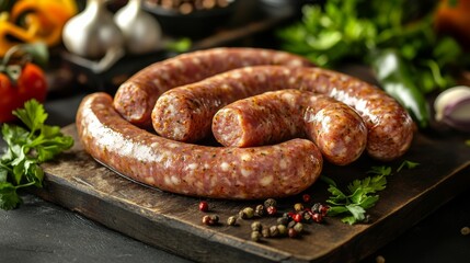 Fototapeta premium A detailed image of raw sausages on a butchers block, with visible seasoning and spices, ready to be cooked, surrounded by fresh ingredients.