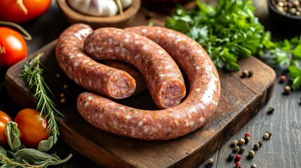 A detailed image of raw sausages on a butchers block, with visible seasoning and spices, ready to be cooked, surrounded by fresh ingredients.