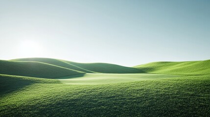 A scenic view of a pristine golf course featuring rolling green hills under a soft morning sky. The minimalist design is perfect for branding, advertising, and golf tourism content.