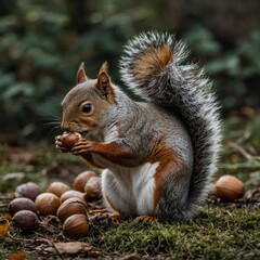 Obraz premium A squirrel eating an acorn, bushy tail, high detail, transparent background.