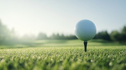 A close-up of a golf ball perched on a tee, set against a lush green golf course with soft morning light. Ideal for sports marketing, golf-related promotions, and lifestyle branding.