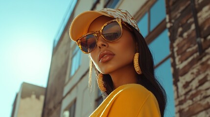 Fashionable woman in sunglasses and a cap, posing in an urban setting. Ideal for fashion campaigns, editorial, and branding.