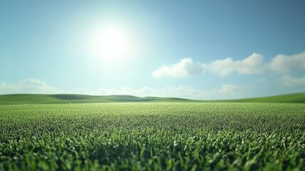 A panoramic view of a golf course fairway stretching into the distance under a bright blue sky with soft clouds. Ideal for golf clubs, sports advertisements, and outdoor lifestyle promotions.