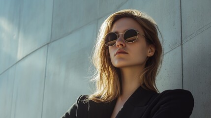 Strong woman in a black blazer and sunglasses against a sleek concrete wall. Ideal for business, leadership, and branding.
