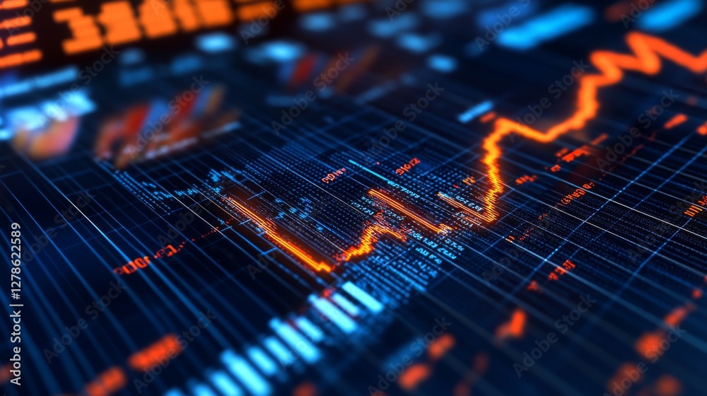 Aufkleber a dynamic image of a stock chart with upward and downward trends, overlaid with financial news headl