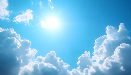 blue sky with white clouds and sun, Clear Blue Sky Sunny Clouds Background Wallpaper, serene weather, bright sunlight.