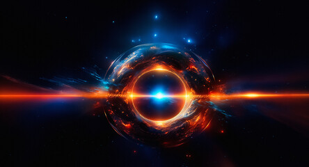Obraz premium Ethereal cosmic sphere emitting vibrant light. Swirling hues of orange and blue energy surround a central glowing orb against a dark star-filled backdrop.