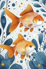Fototapeta premium Two orange goldfish swim among blue foliage and colorful dots.