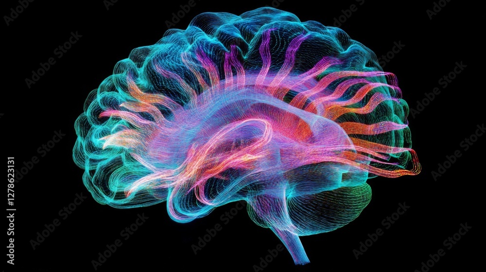 Aufkleber A dynamic shot of a brain illustration with neon-like highlights, representing different functional areas such as memory, emotion, and cognition.