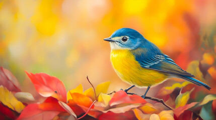 Vibrant blue and yellow bird perched amidst colorful autumn leaves