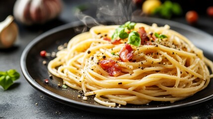 A dynamic shot of a steaming plate of spaghetti carbonara, with crispy pancetta, creamy sauce, and a generous amount of black pepper, served in a rustic setting.