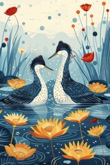Naklejka premium Two elegant birds in a serene pond surrounded by vibrant flowers and soft colors.