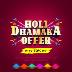 Holi dhamaka offer 3d text Holi festival shopping promotional sales offer deal concept with colorful splash background. Holi festive sale background and logo. Holi sale 3d text business.