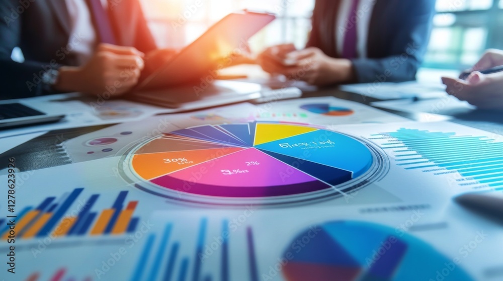 Aufkleber a dynamic view of a d pie chart being presented in a meeting room, with businesspeople discussing th