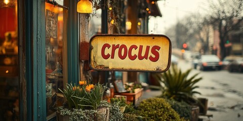 Obraz premium Rustic shopfront with vintage 'crocus' sign amidst cozy city street featuring lush plants and warm lights, evoking urban charm and nostalgic ambiance.
