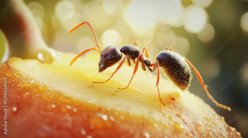 Poster a high-quality image of an ant exploring a piece of fruit, with close-up detail of its antennae and 
