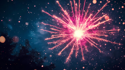 Fototapeta premium Fireworks in the Night Sky: A Festive Display of Pink and Red Sparks