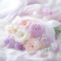 Beautiful Pastel Flower Bouquet on Soft Fabric Background