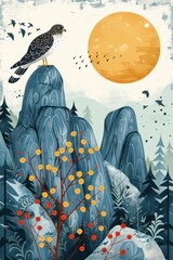 A stylized landscape featuring a hawk on a rock, vibrant foliage, and a large sun.