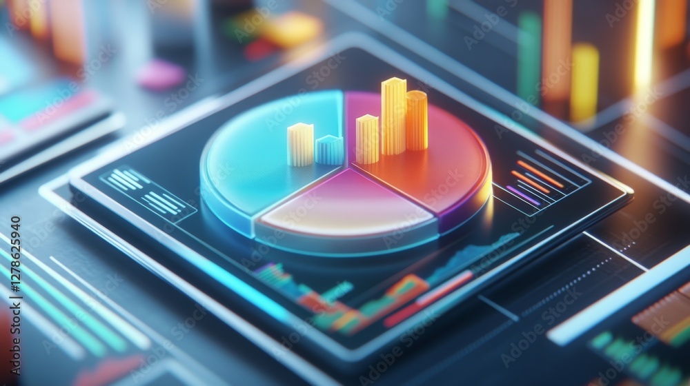 Leinwandbilder A high-resolution image of a D pie chart on a digital tablet, with various segments clearly defined and financial data visualized, set against a modern workspace.