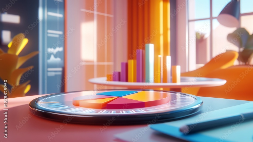 Poster a high-resolution image of a d pie chart on a digital tablet, with various segments clearly defined 