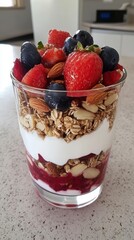 Layered Yogurt Parfait with Berries, Granola, and Almonds: A Healthy and Delicious Breakfast
