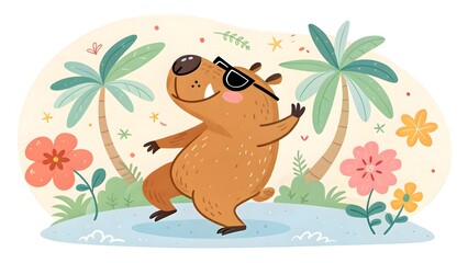 Funny dancing capybara with sunglasses tropica