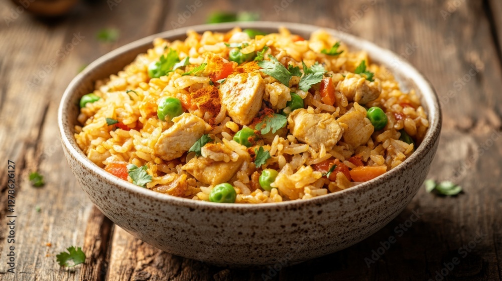 Poster a high-resolution image of a bowl of curry fried rice with visible chunks of chicken, vegetables, an