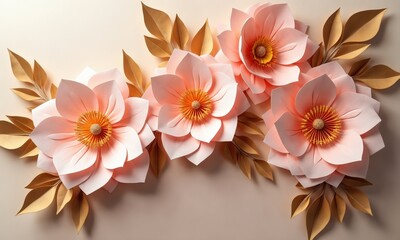 A luxurious 3D floral paper art display featuring realistic hand-crafted petals, golden leaves, and soft shadows, creating a sense of depth and sophistication.