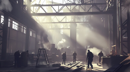 Industrial Powerhouse: Inside a vast, sun-drenched industrial factory, workers are silhouetted amidst the machinery and infrastructure, as beams of sunlight cut through the haze.