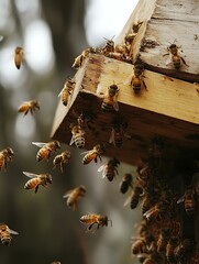 Busy bees flying from wooden beehive in forest