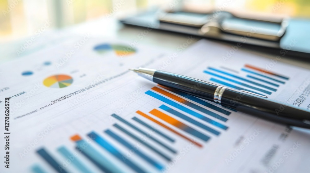 Aufkleber A high-resolution image of a financial report featuring multiple bar charts with detailed performance metrics, placed on a desk with business documents and a pen.