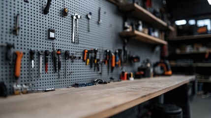 Workshop tools organized on wall & bench.  Background blurred. Use DIY, repair tutorials