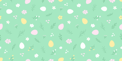 Seamless pattern of Easter colorful bright decorated eggs, leaves and flowers. Cute background for spring holiday. Vector illustration