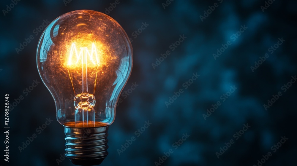 Poster A high-resolution image of a light bulb with a glowing filament, symbolizing a bright new idea or breakthrough concept against a dark background.