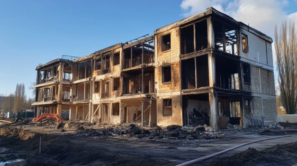 A fire-damaged building being reconstructed with enhanced safety measures and a refreshed design