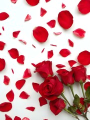Fototapeta premium Crimson Blossoms: A delicate composition of vibrant red roses and scattered petals, creating a romantic and sensual ambiance.